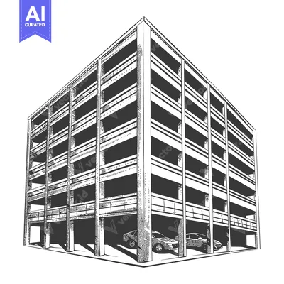 Aset desain premium: An artistic black and white illustration of a parking structure buildi