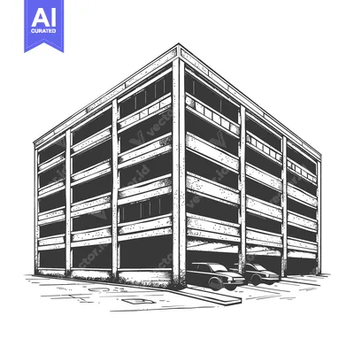 A multi level parking garage with two parked vehicles in front
