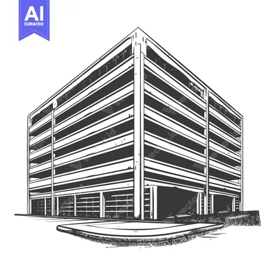 Aset desain premium: A detailed vector illustration showing a modern multi story parking ga