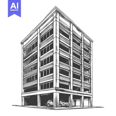 Aset premium populer: An architectural drawing presents a multistory parking structure build