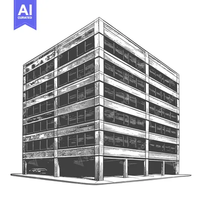 Aset desain premium: A detailed artistic illustration of a modern concrete office building