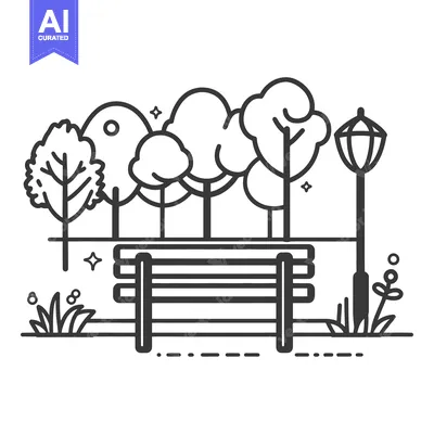Aset desain premium: A stylized illustration depicts a park scene with trees and a bench