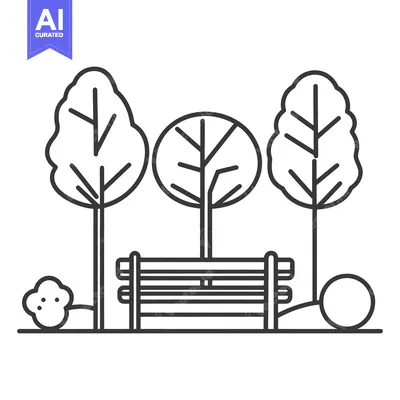 Popular premium asset: A black and white illustration of a park scene with trees and bench