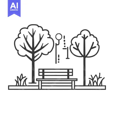 Aset desain premium: A stylized outline shows a park scene with trees and bench