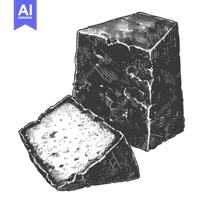 Premium design asset: Drawn artistic image shows a block of cheese with cut piece