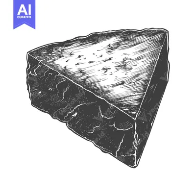 Premium design asset: A detailed grayscale illustration of a triangular cheese wedge