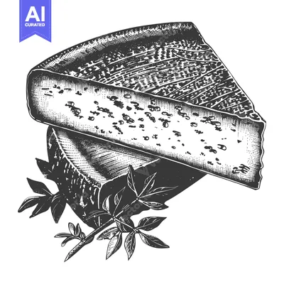 A detailed drawing of a cheese wedge with leaves beneath it