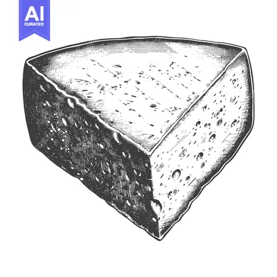 Aset desain premium: A detailed artistic drawing of a cheese wedge shown isolated