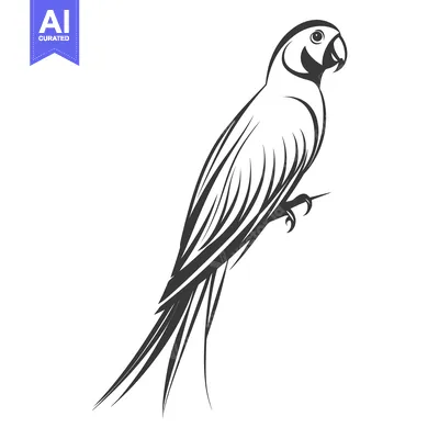 Aset premium populer: A detailed grayscale illustration shows a parrot perched on a branch