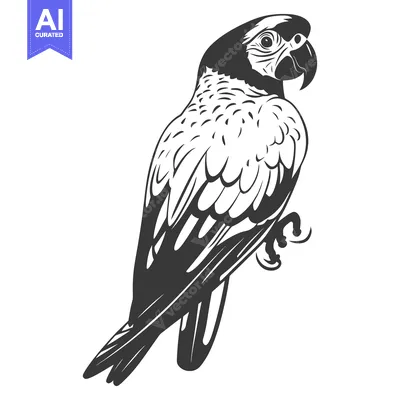 Aset desain premium: A black and white illustration featuring a vibrant perched bird of the