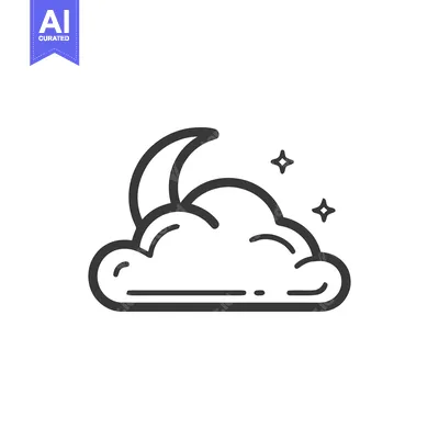 Dreamy Night Icon: Crescent Moon, Cloud, and Sparkling Stars in Minima