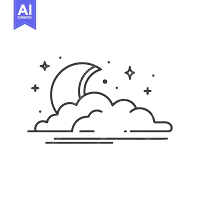 Minimalist Moon and Clouds Icon with Stars in Line Art Style