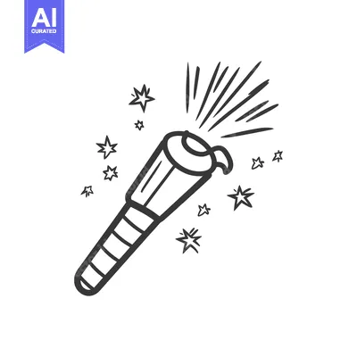 Simple black line drawing of a flashlight with bright stars