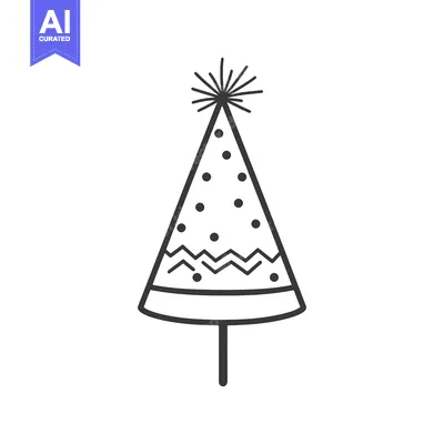 Premium design asset: Black and white illustration of a decorated party hat on stick