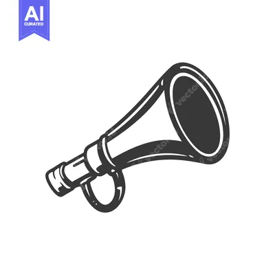 A black and white illustration depicts a hand held megaphone