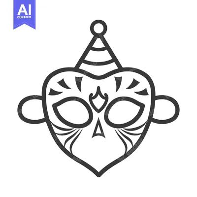 Aset desain premium: A stylized heart shaped mask with hat and facial details