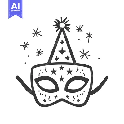 Premium design asset: An illustrated mask with a pointed hat and starbursts design