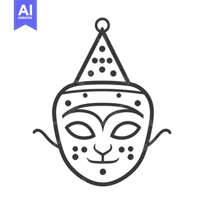 A black and white illustration of a whimsical cartoon mask