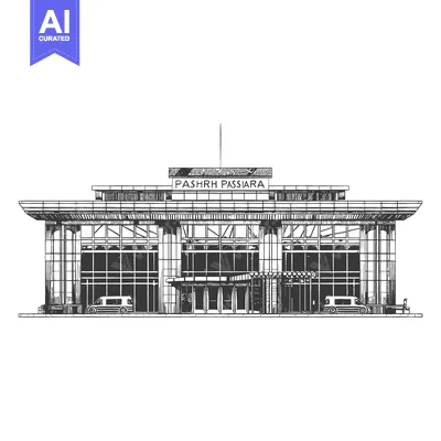 Aset desain premium: A detailed architectural illustration of a modern glass building front