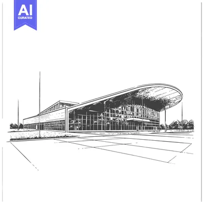 Premium design asset: Modern Architectural Building Depicted in a Black and White Drawing