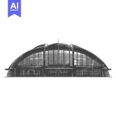 Architectural illustration of a large arched building with numerous wi