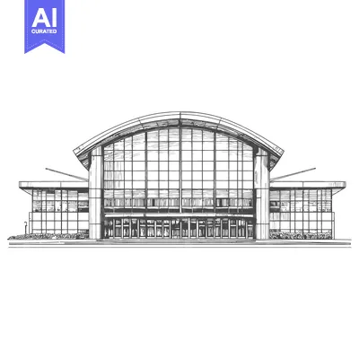 Aset desain premium: Detailed line drawing depicting a modern building with large windows