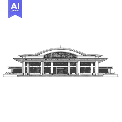 Aset desain premium: An architectural drawing depicts the front view of a modern building