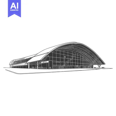 Aset desain premium: An architectural illustration depicting the outside of a large modern