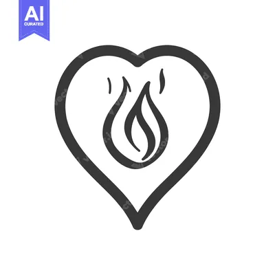 A stylized heart shape icon featuring a flame design inside it