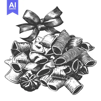 Premium design asset: A collection of different pasta shapes is decorated with a bow