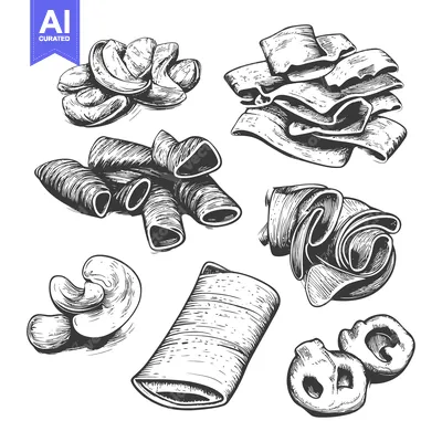 Collection of various pasta shapes and nuts illustrated with detail