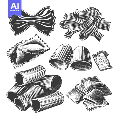 Aset premium populer: Various illustrated pasta shapes arranged against a white background a