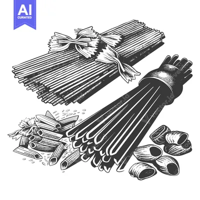 Aset desain premium: A detailed artistic illustration depicts various types of uncooked pas
