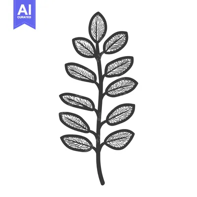 Premium design asset: A single plant stem with leaves illustrated in a black and white desig