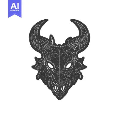 A detailed engraving depicting a demonic horned creature face