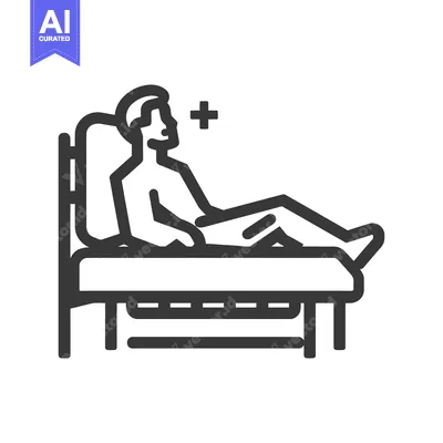 A patient resting in bed with medical symbol beside them