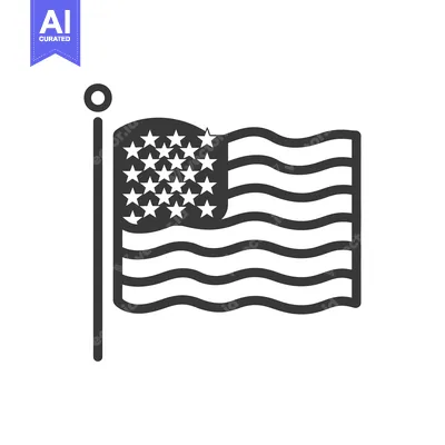 A black and white illustration depicting an American flag blowing