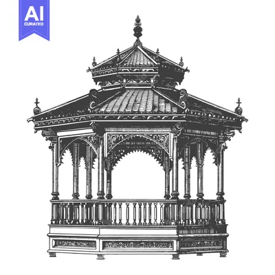 A detailed drawing illustrates a decorative architectural gazebo struc