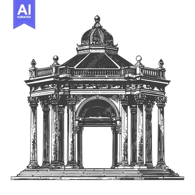 Aset premium populer: An intricate illustration depicts a classical rotunda structure with p