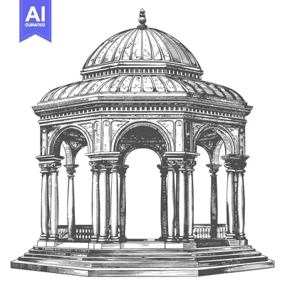 A detailed architectural illustration depicts a classical gazebo struc