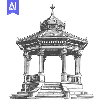 An illustration shows a detailed stone gazebo structure in an outdoor