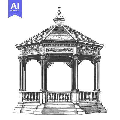 Aset desain premium: An intricately detailed black and white drawing of a gazebo