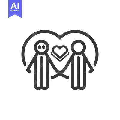 Two stick figures holding hands inside a love heart symbol