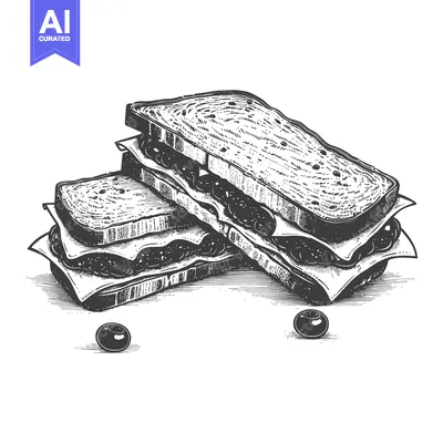 Popular premium asset: A Detailed Black And White Illustration Depicting Sandwiches And Berri