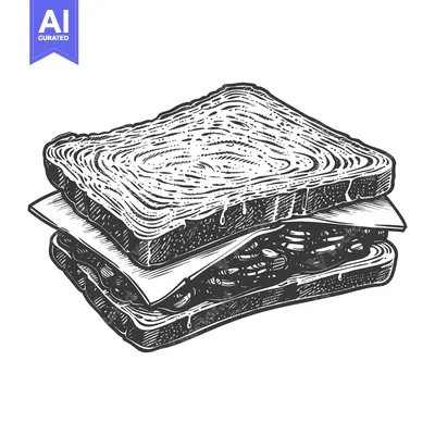 Aset desain premium: A detailed black and white line art sandwich illustration on white