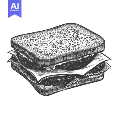 Detailed monochrome illustration depicts a delicious stacked sandwich