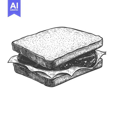 Aset desain premium: An illustrated sandwich containing slices of bread and fillings for ea