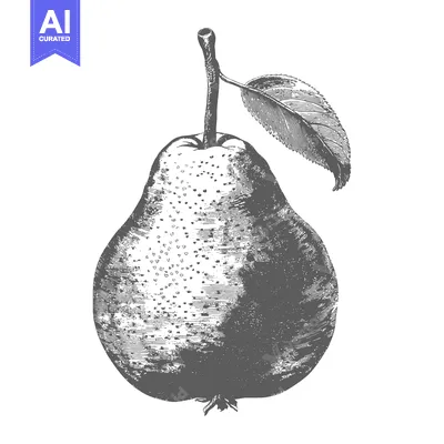 Aset premium populer: A detailed vintage illustration depicting a single ripe pear fruit