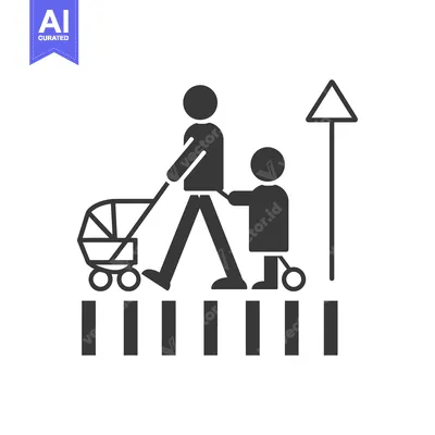 Premium design asset: Pedestrian Crossing with Adult Pushing a Stroller and a Child on a Sco