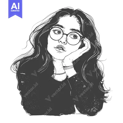 Premium design asset: Pen and Ink Sketch of a Woman with Long Hair and Glasses
